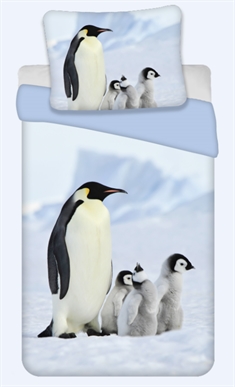 Pingvin sengetøj - 140x200 cm - Pingvin familie med 2 i 1 design - 100% bomulds sengesæt